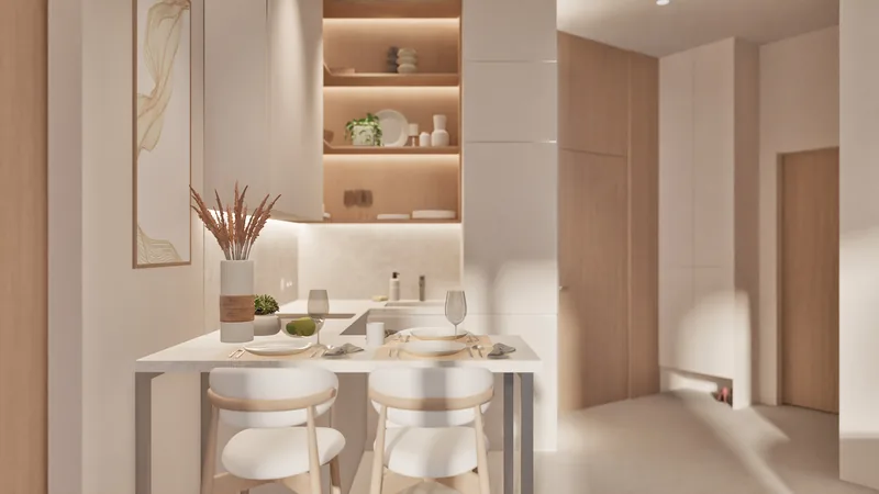 Kitchen and dining area of a two-bedroom apartment at Millennium