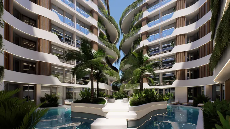 Stepping-stone path across the courtyard pool at Millennium