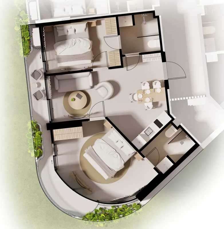 Plan meublé Deux chambres, 51,87–75,7 m², Millennium Condominium Bang Tao
